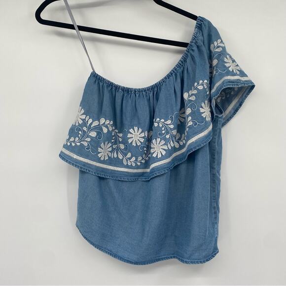 Rebecca Minkoff Women's Rita Denim Blue Chambray One Shoulder Top Size Small - Picture 3 of 10